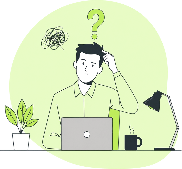 Cartoon of a man at a laptop scratching his head, with a question mark above him.