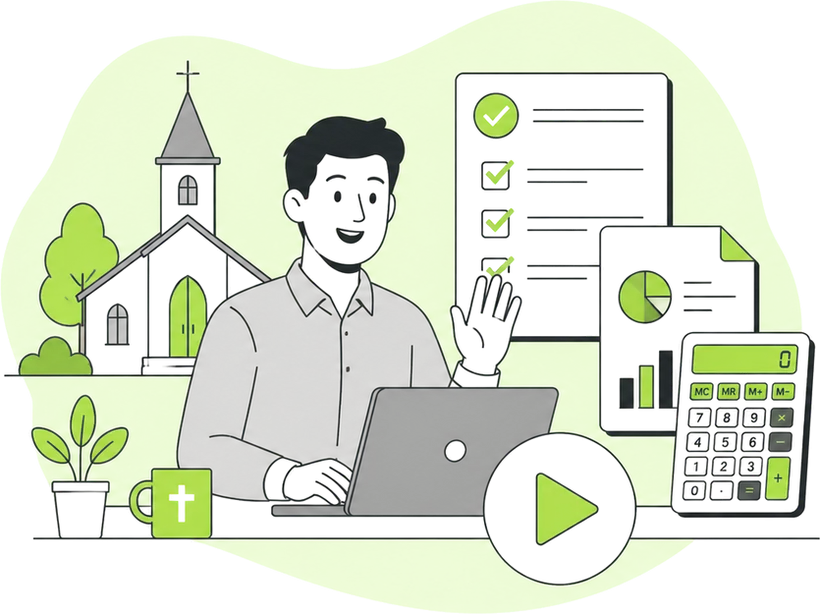 Cartoon of a smiling man at a laptop with a church, a checklist, and a play button behind him.