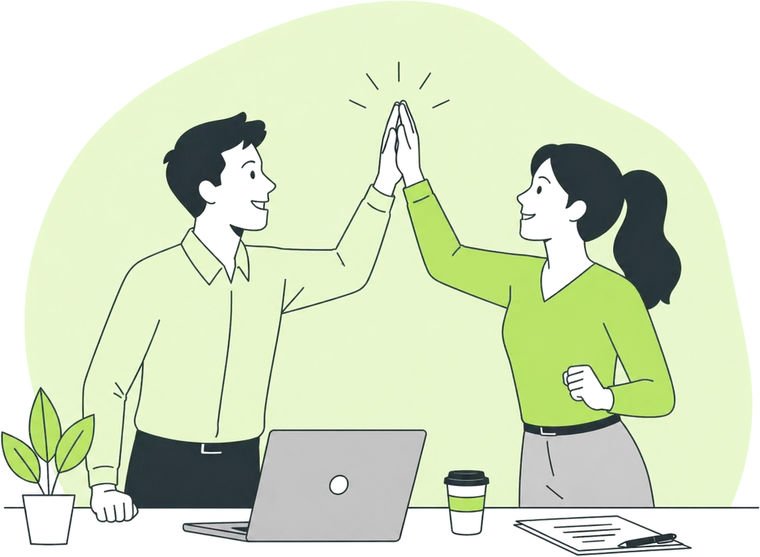Cartoon of two coworkers giving each other a high five over a desk.