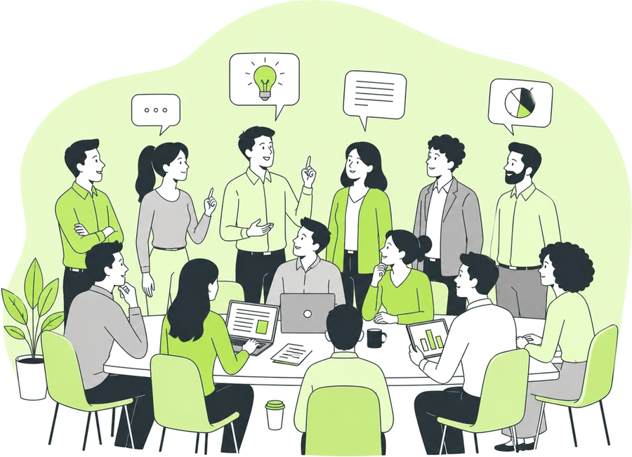 Cartoon of a group of people around a table, talking and sharing ideas.