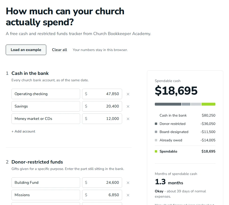 The Cash and Restricted Funds Tracker with example numbers, showing $18,695 of spendable cash after restricted funds, board designations, and money already owed.